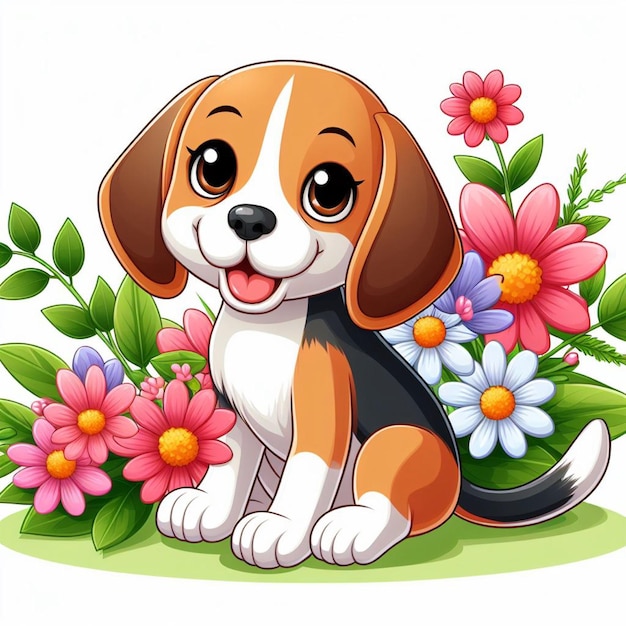 Vettore cuti beagle dogs e flower vector illustrazione di cartoni animati