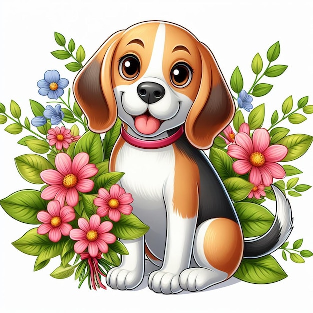 Cuti beagle dogs e flower vector illustrazione di cartoni animati
