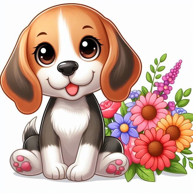 Cute Beagle Dogs and Flower Vector Cartoon illustration