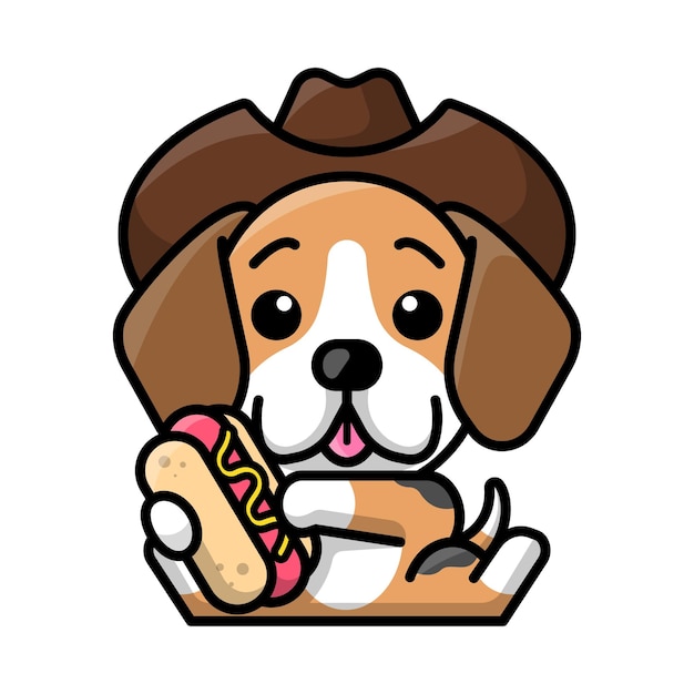 A cute beagle with a cowboy hat is holding a hotdog cartoon illustration