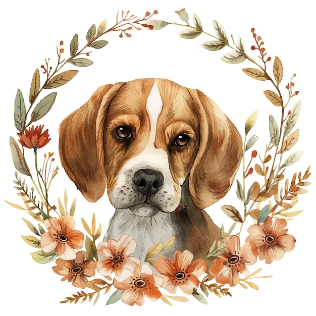 cute beagle with flower wreath vector illustration in watercolour style