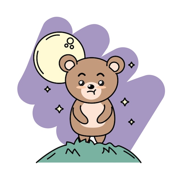 Cute bear animal in the mountain with moon and stars