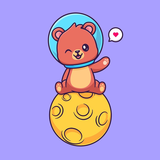 Симпатичный астронавт-медведь, сидящий на векторной иконе Луны. Изолированная икона зоотехники