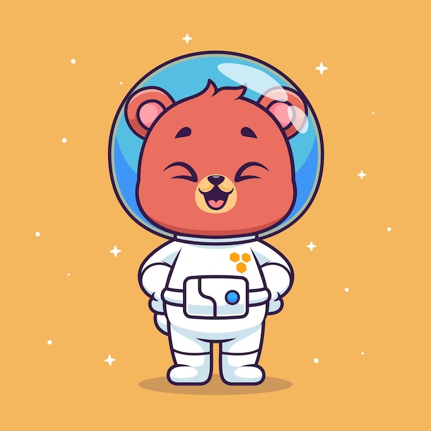 かわいいクマの宇宙飛行士が宇宙に立っています 漫画のベクトルのアイコン イラスト 動物科学はフラットに分離されました