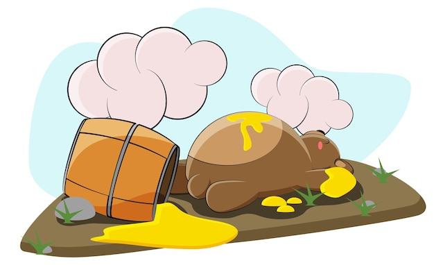 A cute bear ate too much honey and went to bed next to a large barrel of honey