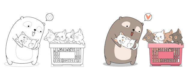 Cute bear and baby cats cartoon coloring page for kids