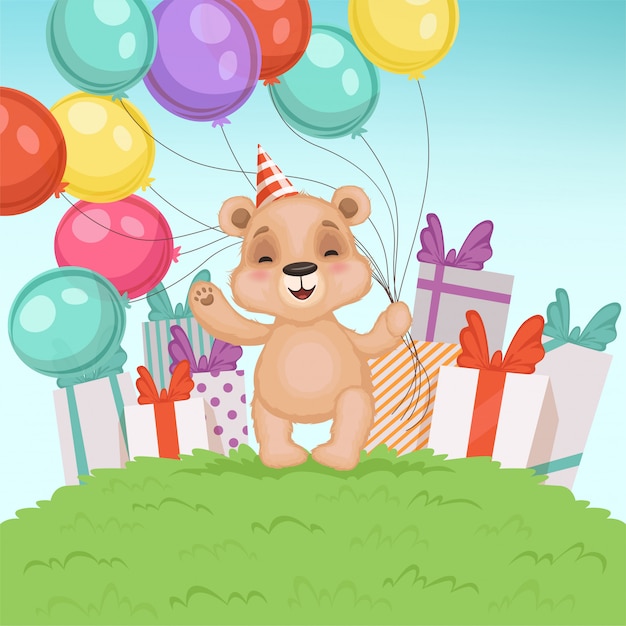 Cute bear background. Funny teddy bear toy for kids sitting or standing birthday or valentine gifts  character