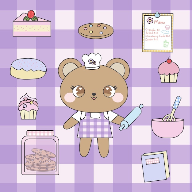 Vector cute bear baking items