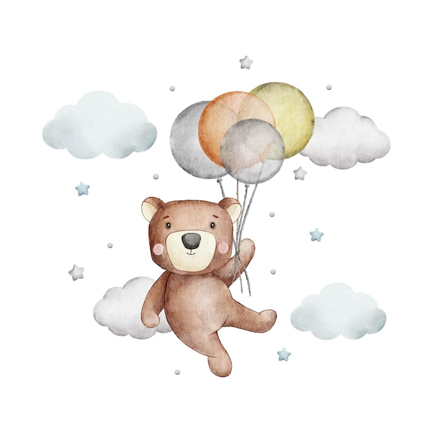 cute bear and balloons watercolor illustration for baby