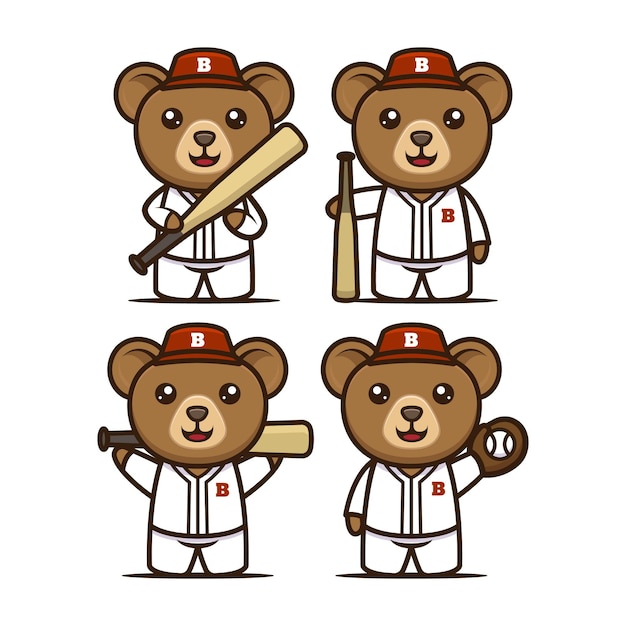 Insieme del modello di vettore dell'illustrazione di progettazione della mascotte di baseball dell'orso sveglio