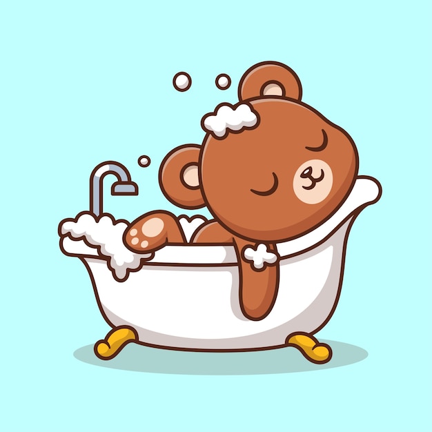 Cute Bear Bathing In Bathtub Cartoon Vector Icon Illustration Animal Healthy Icon Concept Isolated