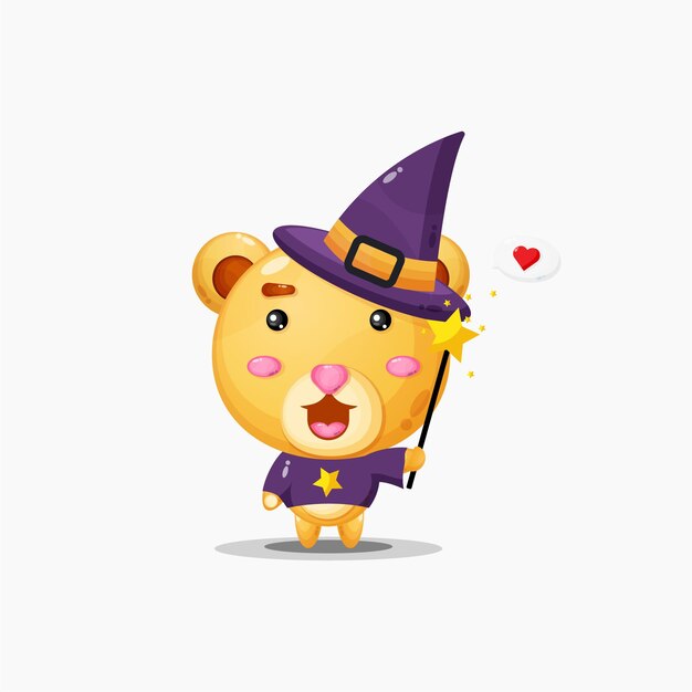 Cute bear becomes a witch with heart in bubble speech
