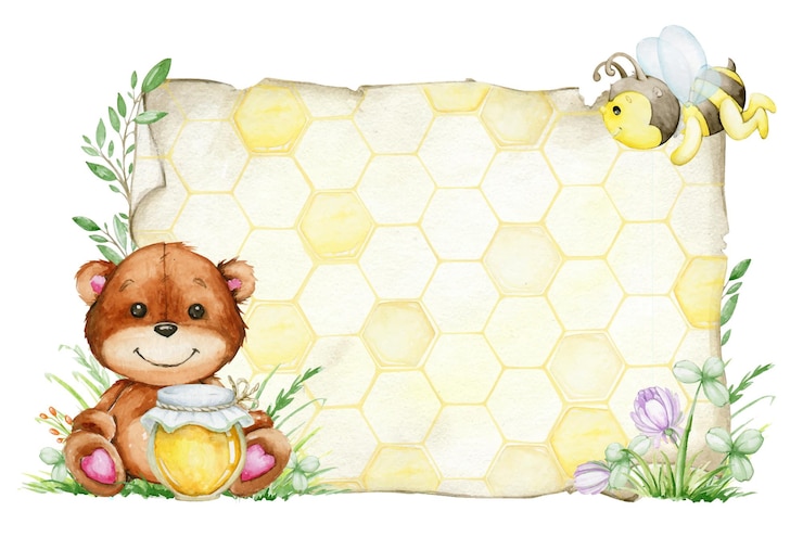 Vector cute bear bee plants flowers poster honeycomb texture watercolor invitation template on an isolated background in cartoon style