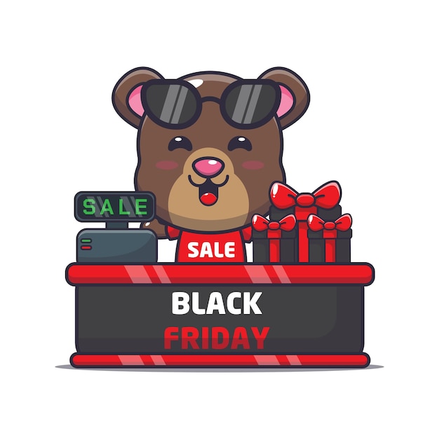 Cute bear in black friday cartoon mascot illustration
