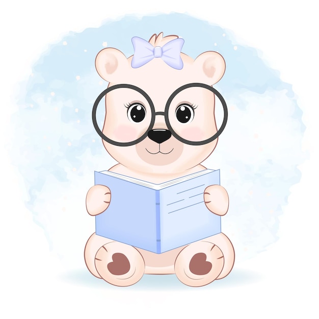 Cute Bear and book animal cartoon illustration