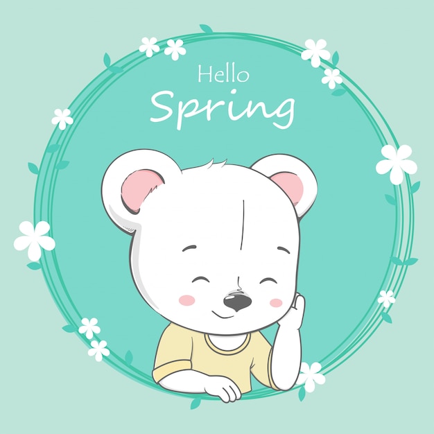 Cute bear boy hello spring cartoon hand drawn