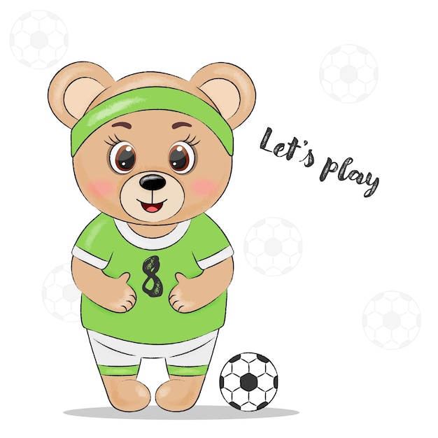 Cute bear boy soccer player with ball