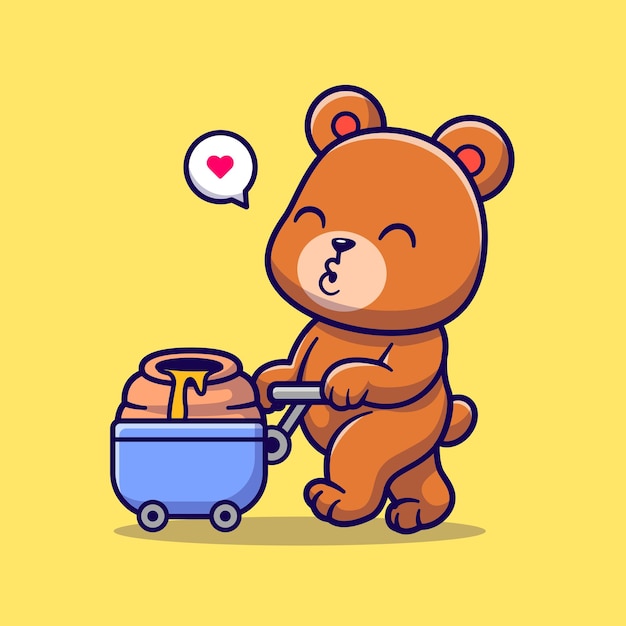 Cute bear bring honeycomb with trolley cartoon vector icon illustration. animal nature icon isolated