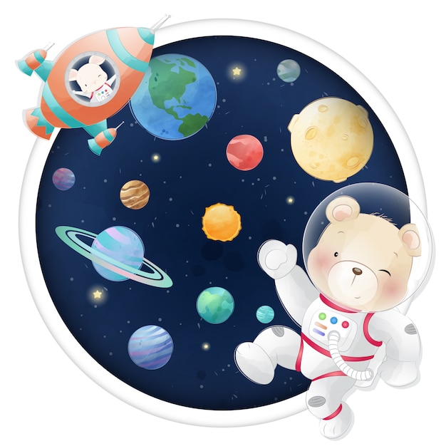 Vector cute bear and bunny in the galaxy