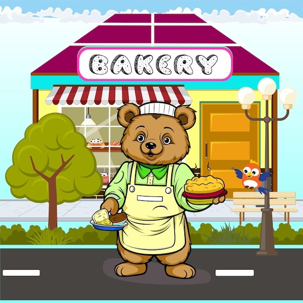 Vettore cute bear the cake maker sotto forma di un'illustrazione vettoriale per la stampa di t-shirt