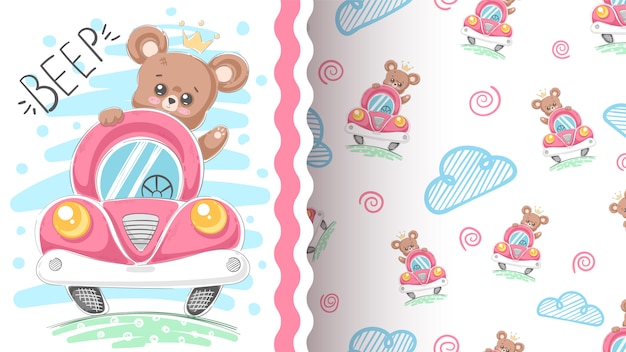 Cute bear and car idea for print t-shirt