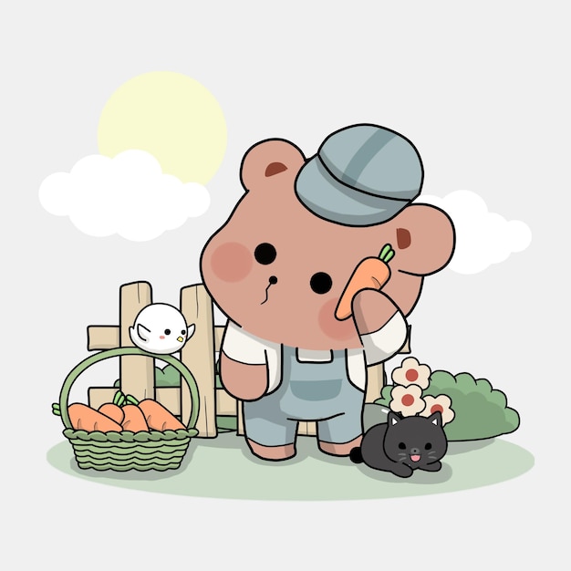 Cute bear in carrot garden with kitten and bird cartoon art illustration