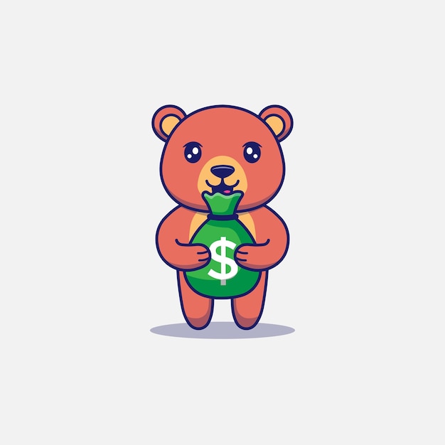 Vector cute bear carrying a bag of money