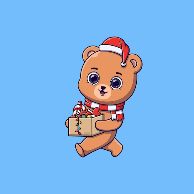 Cute bear carrying a box of christmas decoration