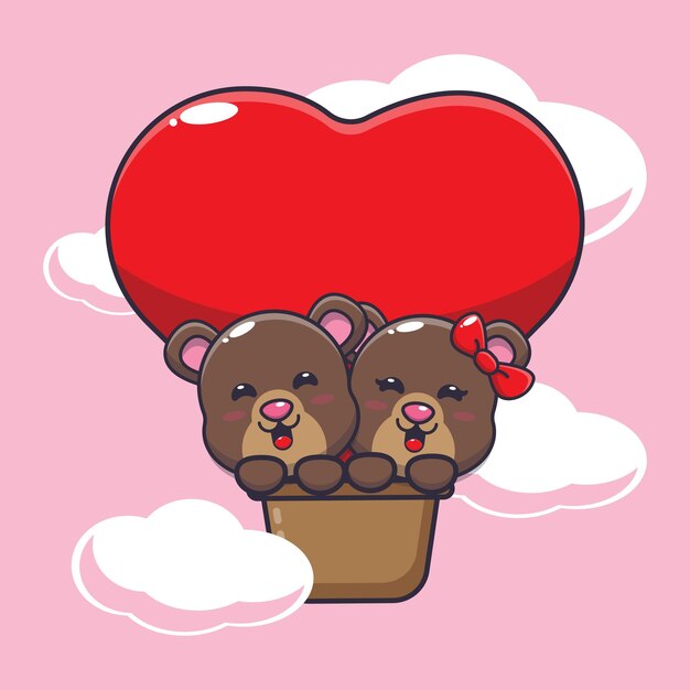 ベクトル バレンタインデーにかわいいクマの漫画のキャラクターが気球で飛ぶ。