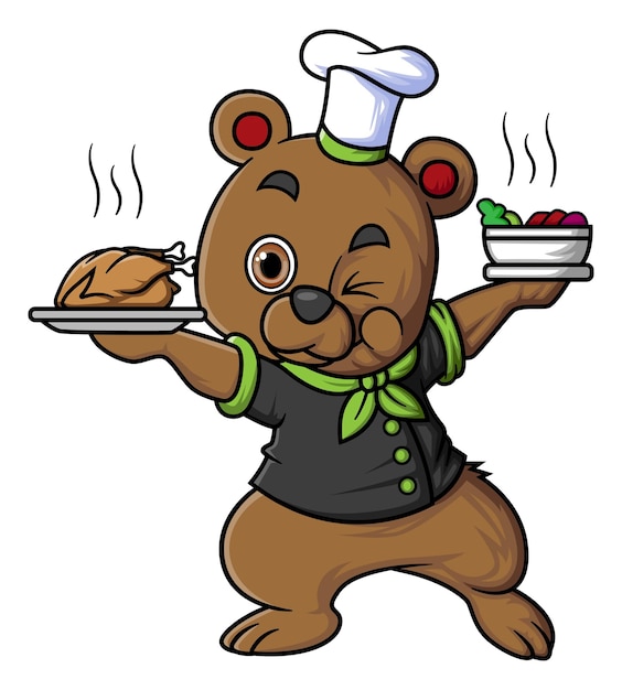 Cute bear cartoon character wearing chef clothes and hat carrying a bowl of soup and fried chicken