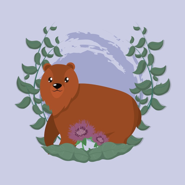 Cute bear cartoon in forest with flowers around