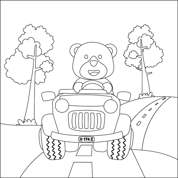 Cute bear cartoon having fun driving off road car on sunny day colouring book or page