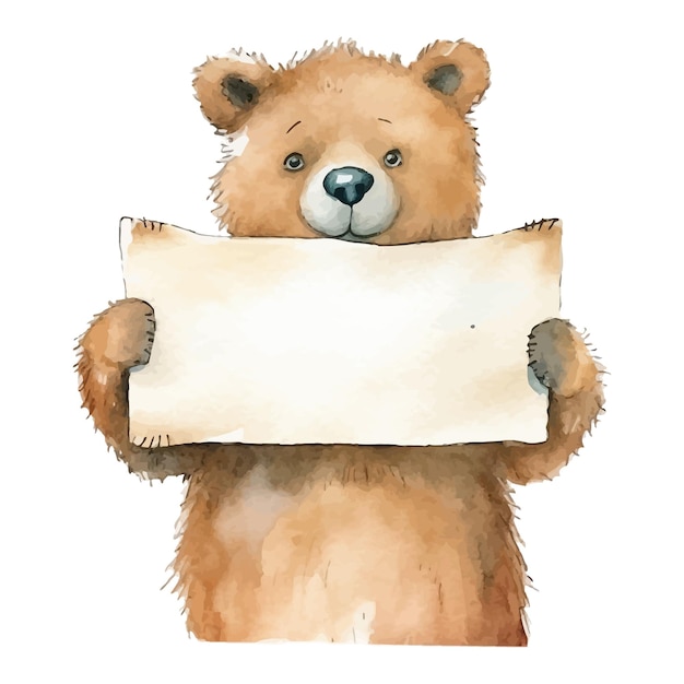 Cute bear cartoon holding blank paper with watercolor painting style