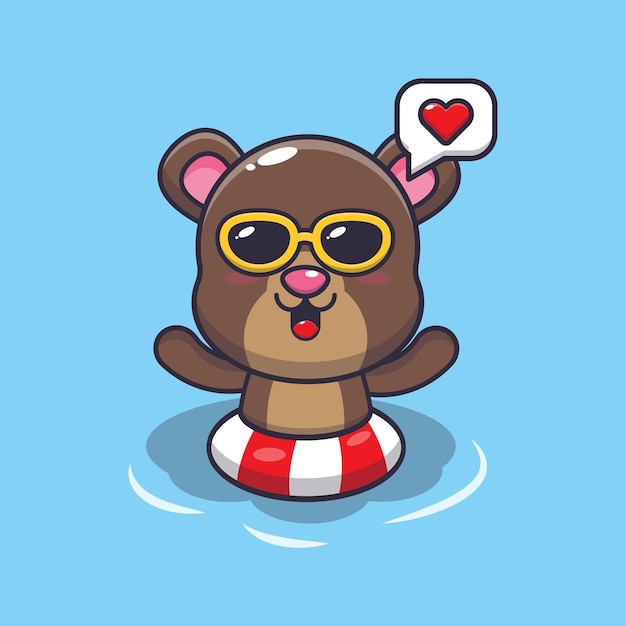 Vector cute bear cartoon mascot character swimming on pool