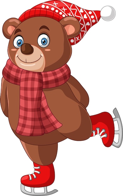 Cute bear cartoon wearing scarf and red hat on ice skating