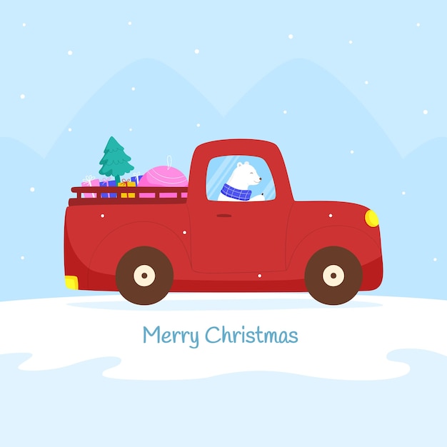 cute bear character driving a car with gifts for merry christmas and new year