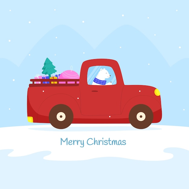 メリークリスマスと新年の贈り物を持った車を運転する可愛いクマのキャラクター