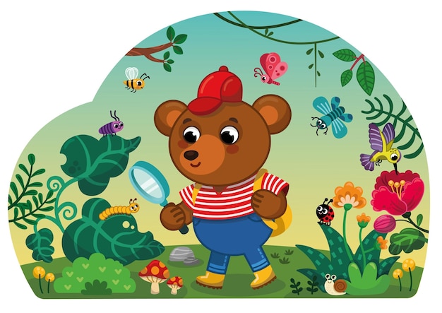 Cute bear character looking through a magnifying glass at a caterpillar on a plant