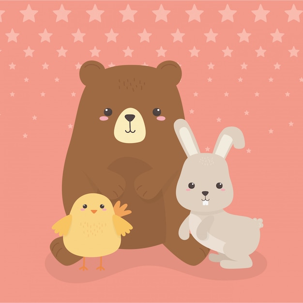 かわいいクマとウサギ動物農場のキャラクターとひよこ