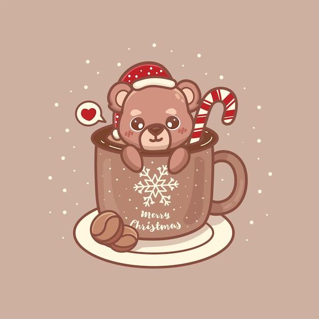 カードのコーヒーマグカップイラストでかわいいクマのクリスマス。メリークリスマスの挨拶文。カワイイスタイル