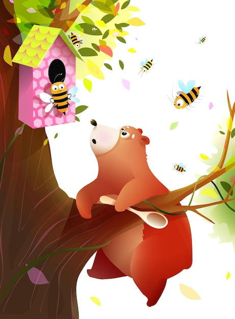 Cute Bear Climbing Tree for Honey and Angry Bees