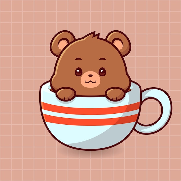 コーヒーマグカップのかわいいクマ孤立した漫画動物イラストフラットスタイルステッカーアイコンベクトル