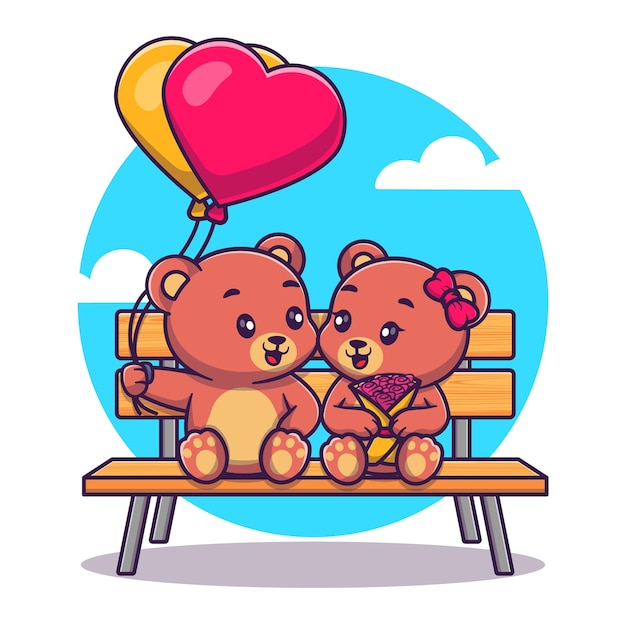 Милая медвежья пара, держащая воздушные шары на скамейке в парке, иконка вектора мультфильма, иллюстрация иконы природы животных