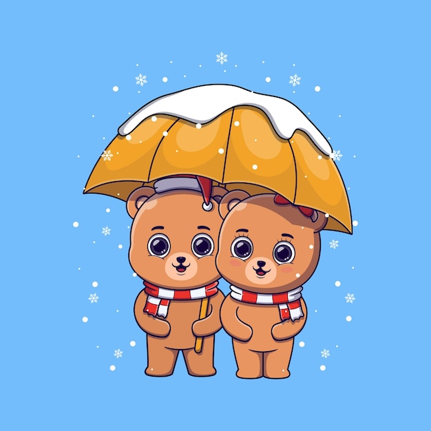 Cute bear couple under an umbrella during snowfall