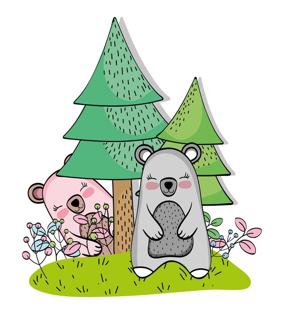 Cute bear couple with pine trees