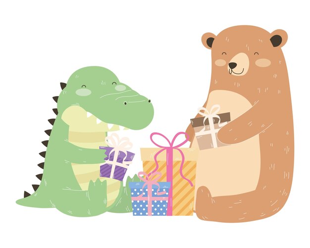 Vector cute bear and crocodile