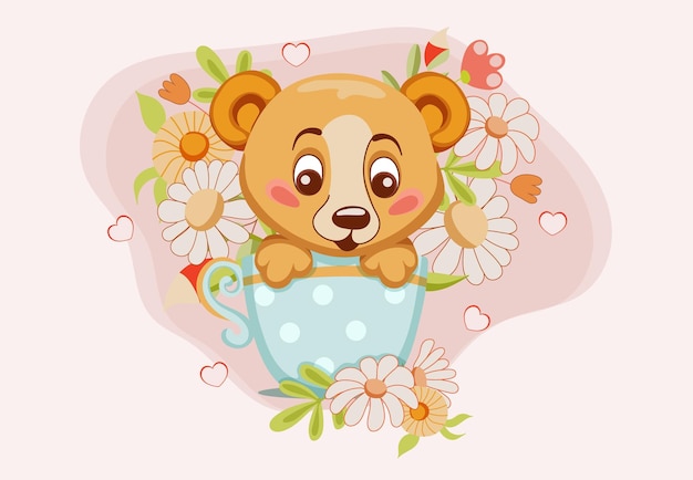 Simpatico cucciolo di orso in una tazza blu con fiori e cuori in stile cartone animato