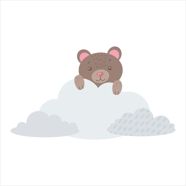 Cute Bear cub on the cloud The brown bear hides among the clouds Balloons and airship Children's illustration Cute print vector Isolated on a white background