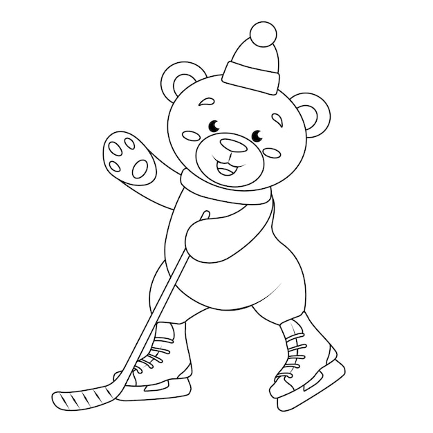 Cute bear cub in a New Year's hat playing hockey winter entertainment line sketch