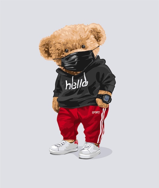 cute bear doll in black face mask and track pant vector illustration